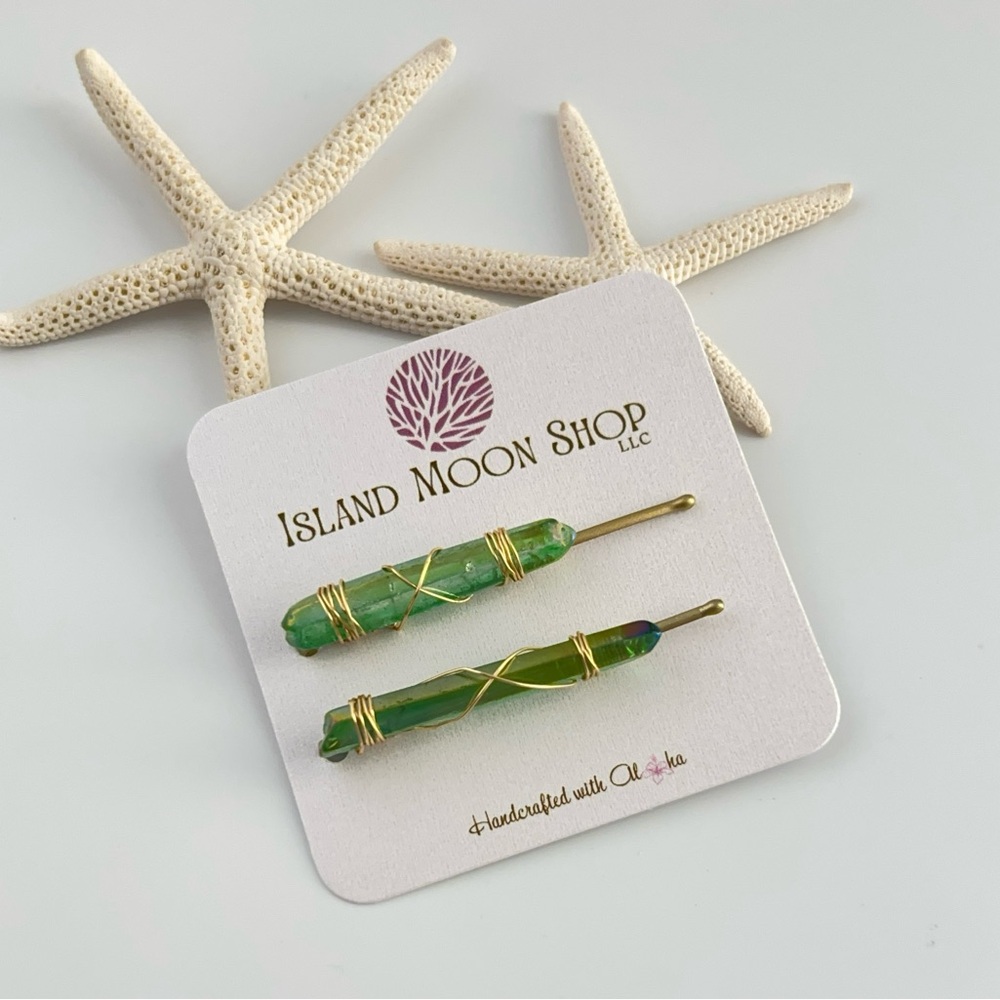 Green Aura Crystals Hair Pins